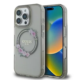 Guess IML Flowers Wreath Magnētinis dėklas telefonui iPhone 16 Pro - juodas