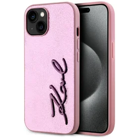 Karl Lagerfeld Wrinkled Metal Signature dėklas telefonui iPhone 15 - rožinė