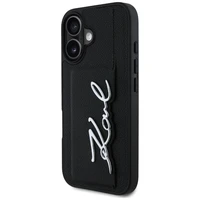 Karl Lagerfeld HC Grūdėtas PU Cardslot Metal Signature iPhone 16 dėklas - juodas