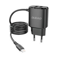 Dudao įkroviklis 2x USB su įmontuotu 12W Lightning kabeliu juodas (A2ProL juodas)