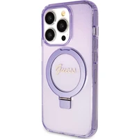 Guess dėklas telefonui su stovu Ring Stand Script Glitter magnetinis iPhone 15 Pro Max - violetinis
