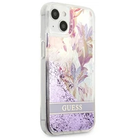 Guess GUHCP13SLFLSU iPhone 13 mini 5.4" violetinis kietas dėklas gėlių skystas blizgučiai