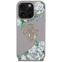 Guess Grained Roses Big 4G Logo dėklas telefonui iPhone 16 Pro Max - violetinis