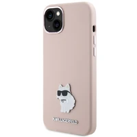 Karl Lagerfeld silikoninis Choupette Metal Pin dėklas telefonui iPhone 15 Plus / 14 Plus - rožinis