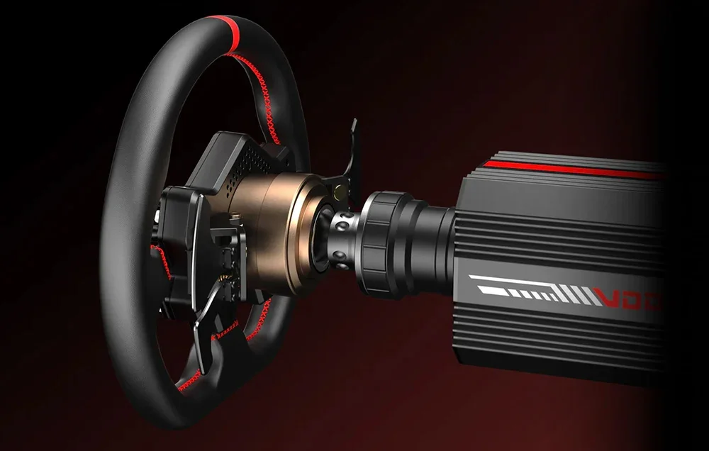 Išardytas PXN vairo vaizdas, rodantis prijungimą prie VD6 bazės ir vidinius mechaninius komponentus