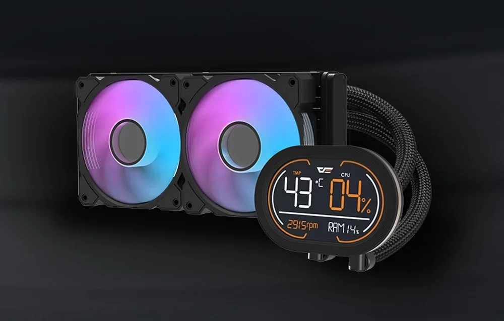 Vandens aušintuvas su apšvietimu juodame fone