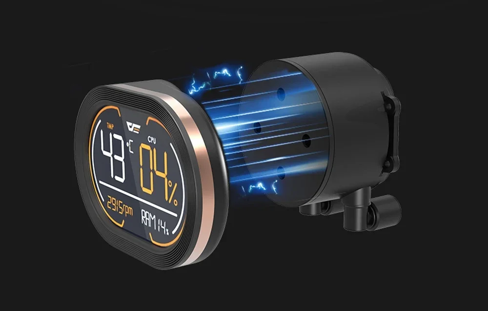 Vandens aušintuvo segmentinis ekranas matomas juodame fone