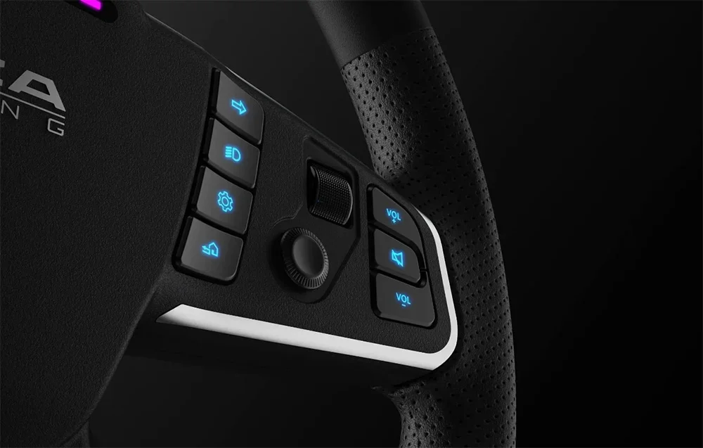 Steering wheel with illuminated buttons on black background