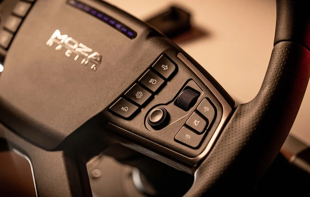 Close-up of moza racing steering wheel buttons
