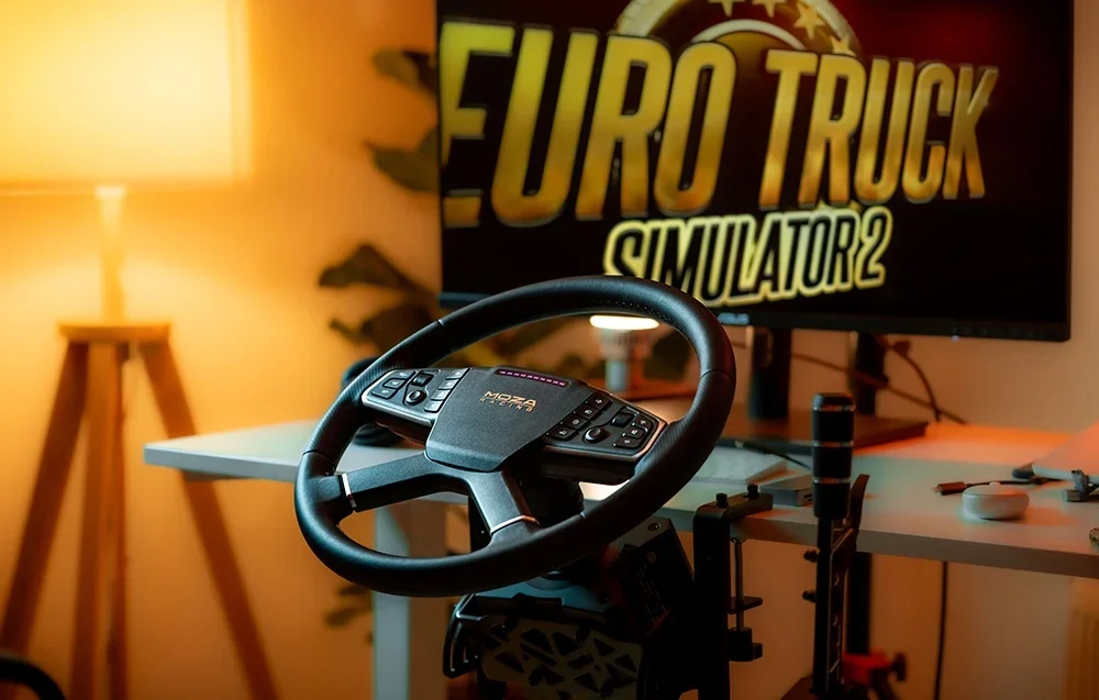 moza racing steering wheel for euro truck simulator 2 in a bright room