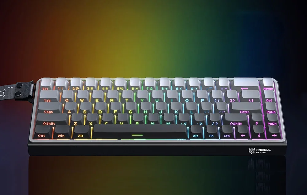 Black Onikuma keyboard on a colorful background