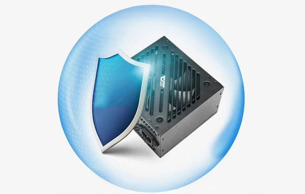 Kompiuterio maitinimo blokas su mėlynu apsauginiu skydu prieš švytinčią sferą