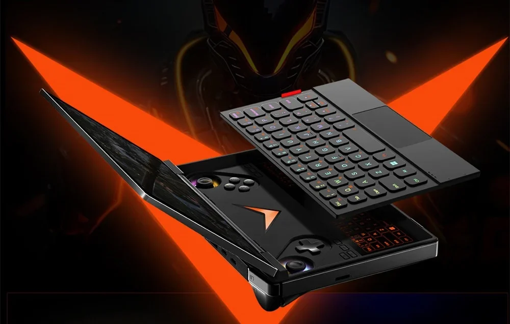 Handheld gaming console with open keyboard and controllers against a background of orange lights and graphics
