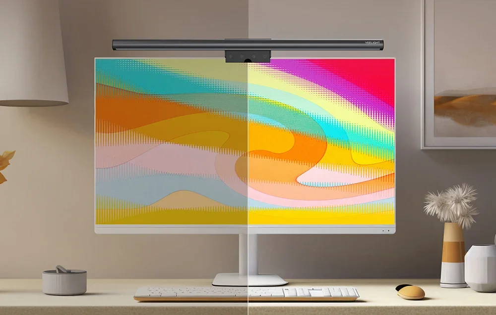 Monitor with backlight from overhead lamp, showing color comparison before and after color correction