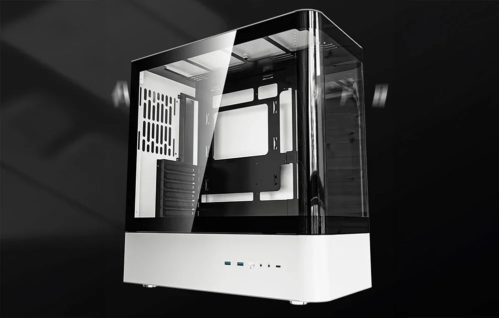 White-black computer case on black background