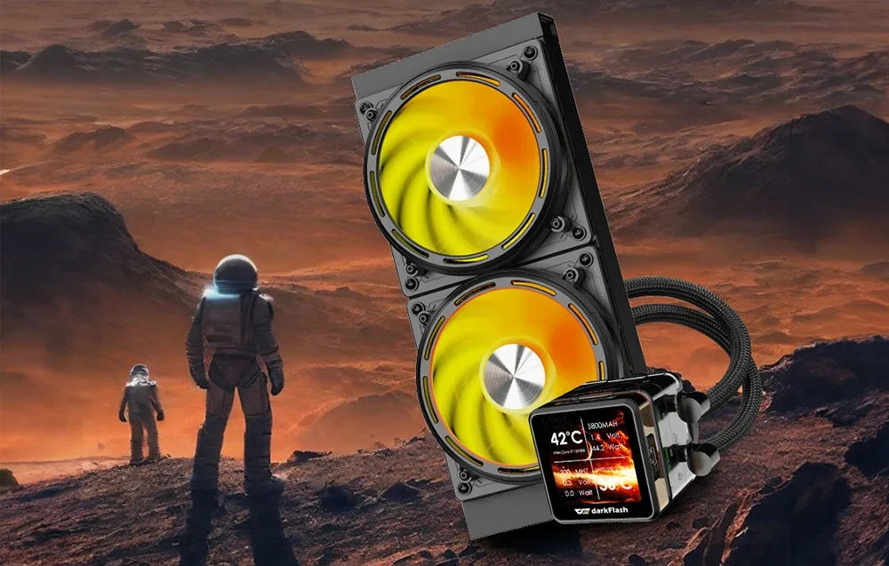 Vandeninis aušintuvas su ekranu, šalia astronautų