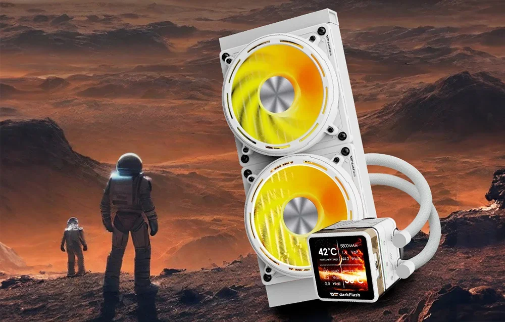 Baltas vandeninis aušintuvas su ekranu, šalia astronautų