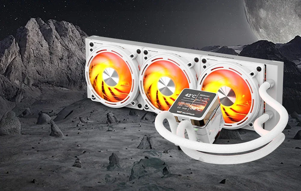 White watercooling for processor with rock and moon background display