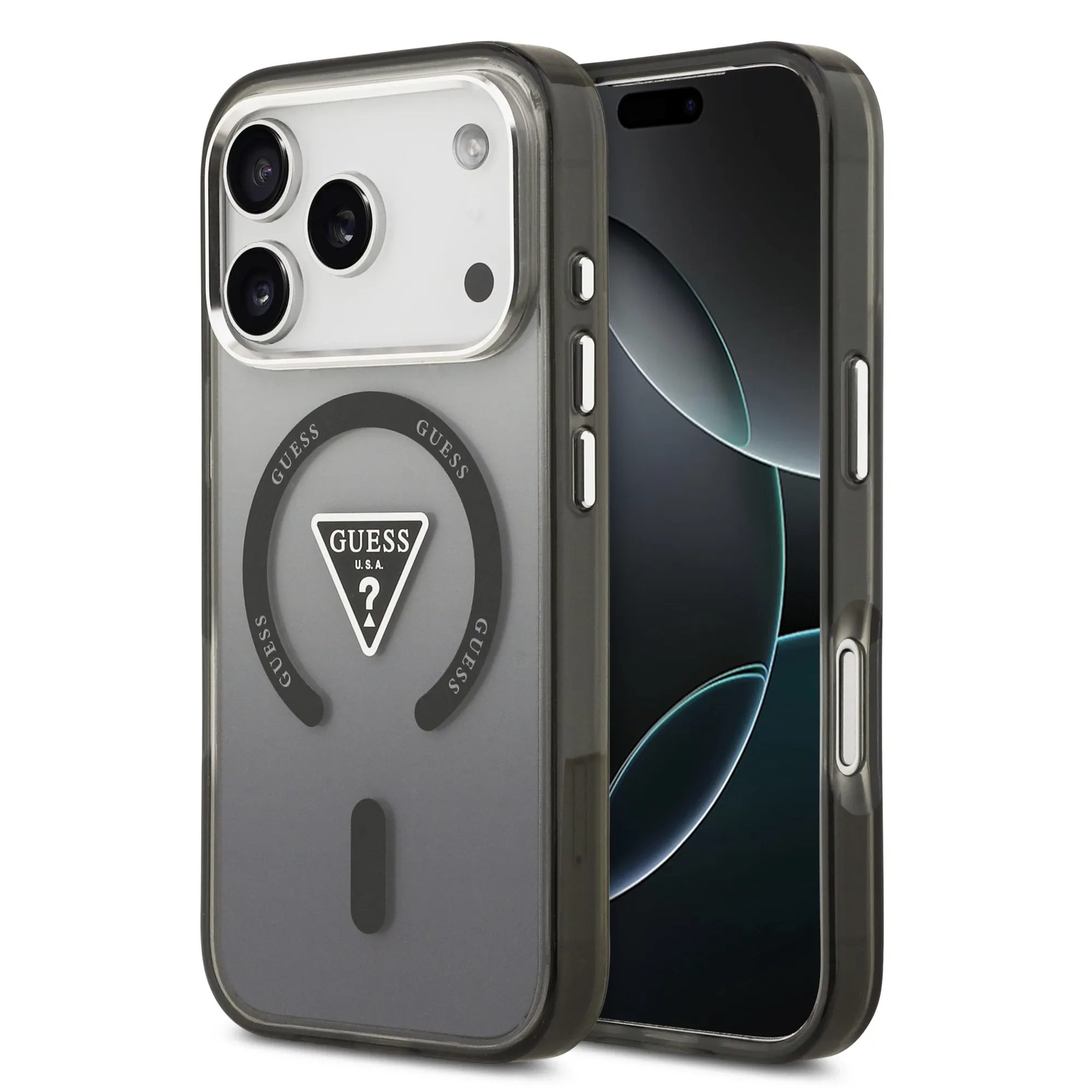 GUESS magnetinis dėklas telefonui IPHONE 17 Pro, suderinamas su MagSafe GUHMP17LHGTMLCGK (IML gradientinis dėklas su trikampiu logotipu) juodas