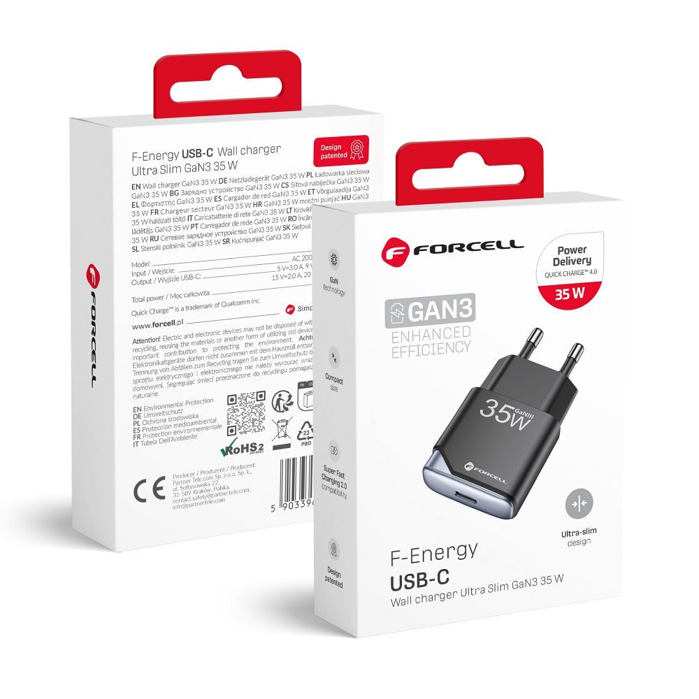 FORCELL F-ENERGY GaN III B135101-E itin plonas kelioninis įkroviklis 1 x Type C + USB A PD QC4.0 3A 35W juodas
