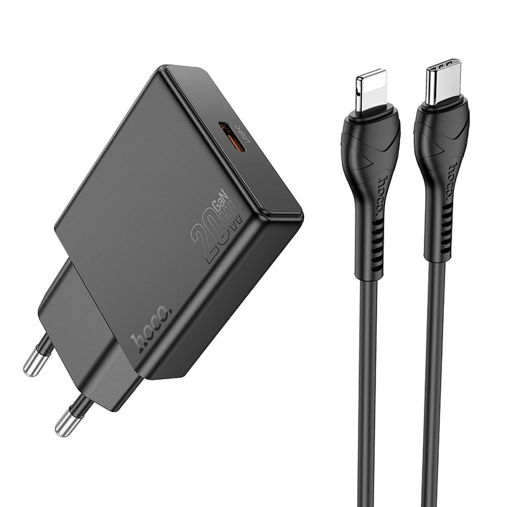 Įkroviklis telefonui Hoco Slim USB C QC PD 30W + kabelis USB C į Lightning N37 juodas