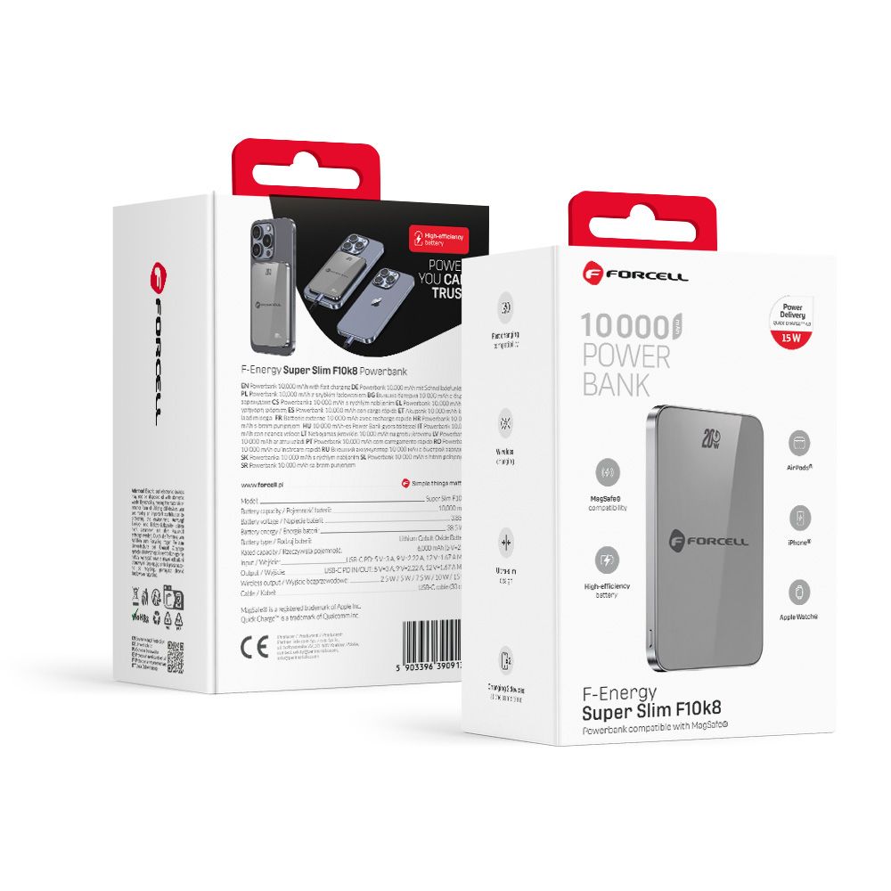 Išorinė baterija saderinta su MagSafe Forcell F-Energy SuperSlim F10K8 QC4.0 PD3.0 15W 10000 mAh pilka
