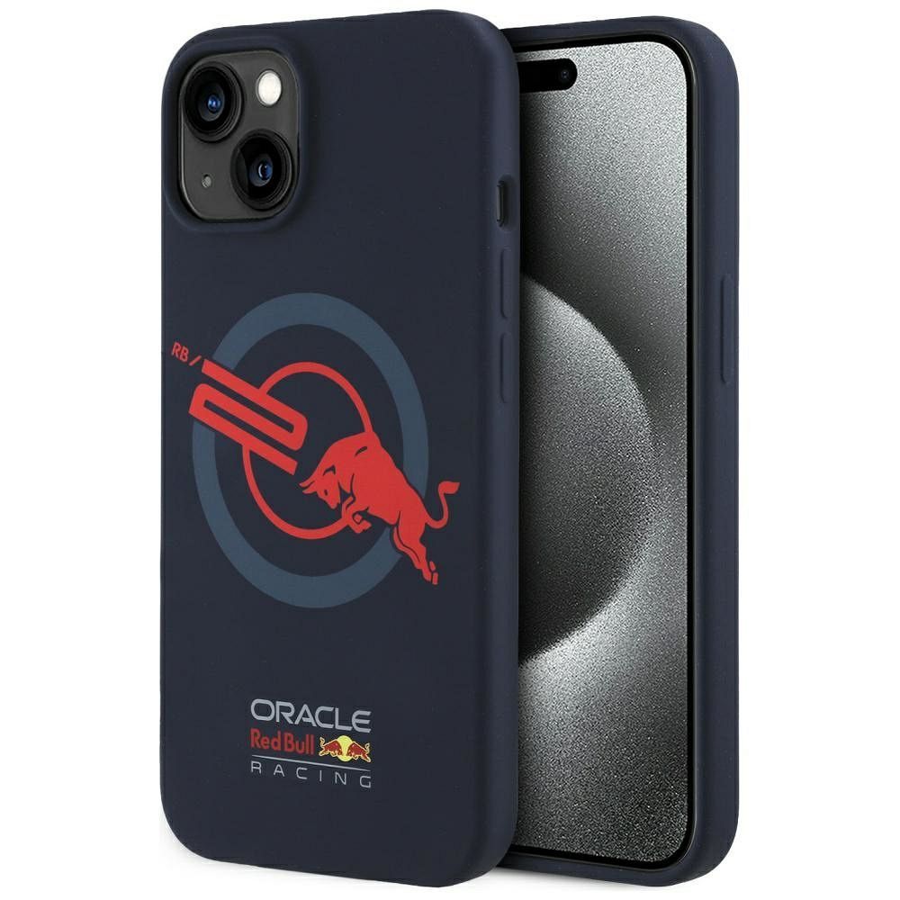 RED BULL dėklas telefonui IPHONE 15 suderinamas su MagSafe RBHMP15S24SIOLVR (Silikoninis ORBR20 logotipas raudonas apvadas) tamsiai mėlyna