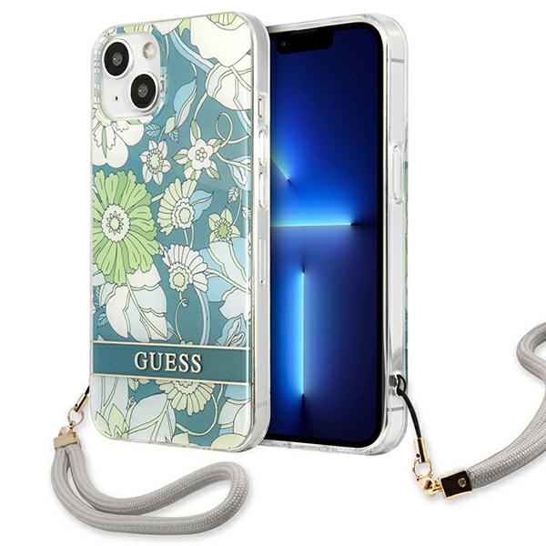 Guess GUHCP13SHFLSN iPhone 13 mini 5.4" žalias kietasis dėklas su gėlių dirželiu