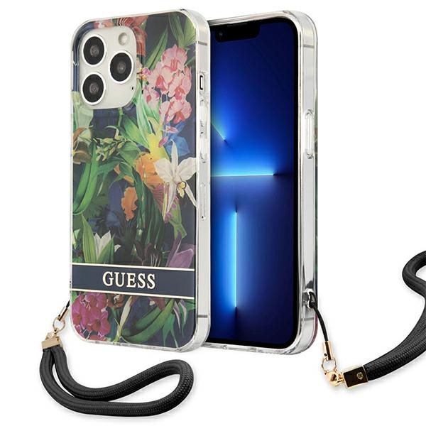 Guess GUHCP13XHFLSB iPhone 13 Pro Max 6.7" mėlynas kietasis dėklas su gėlių dirželiu