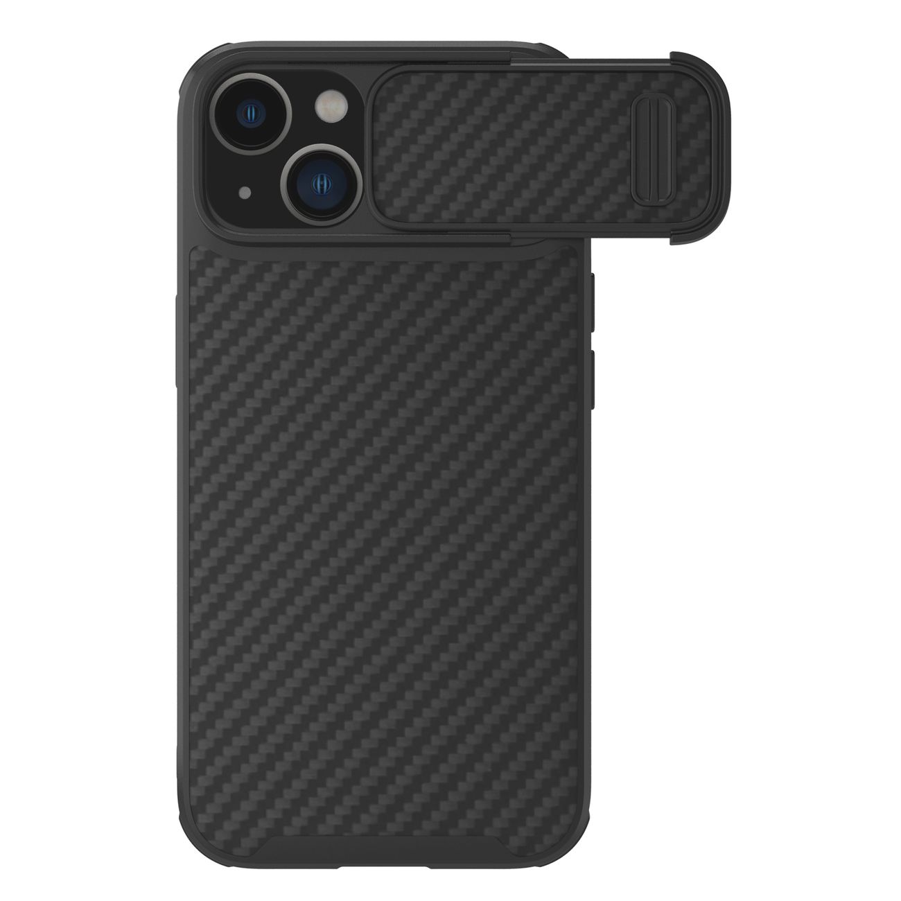 Nillkin Synthetic Fiber S dėklas iPhone 14 Plus su kameros dangteliu, juodas