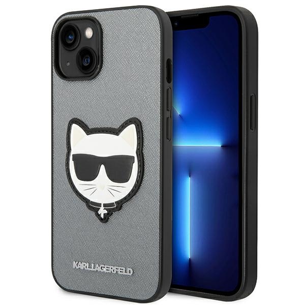 Karl Lagerfeld Saffiano Choupette Head Patch dėklas telefonui iPhone 14 Plus - sidabrinis