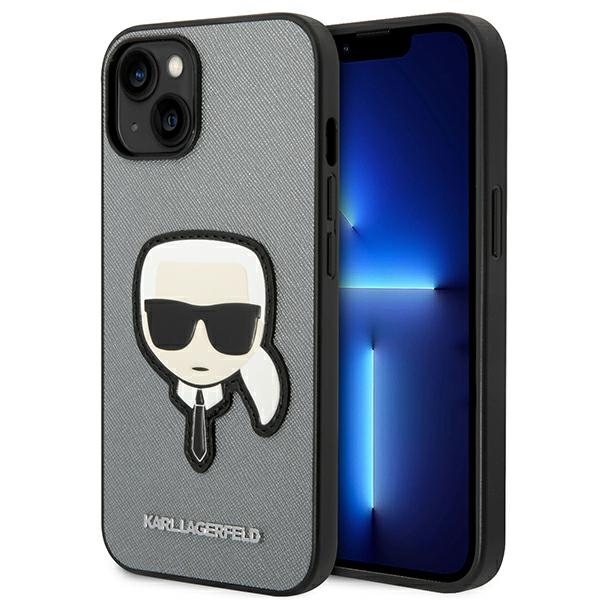 Karl Lagerfeld Saffiano Karl's Head Patch dėklas telefonui iPhone 14 Plus - sidabrinis