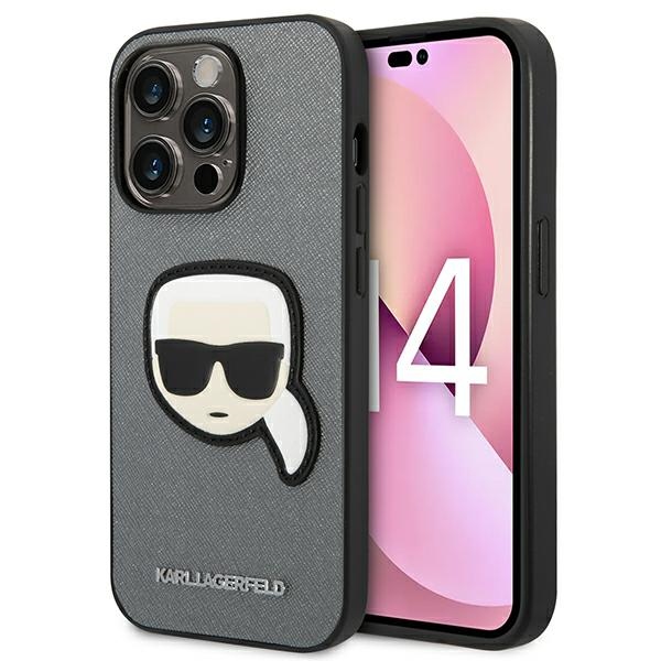 Karl Lagerfeld Saffiano Karl's Head Patch dėklas telefonui iPhone 14 Pro - sidabrinis
