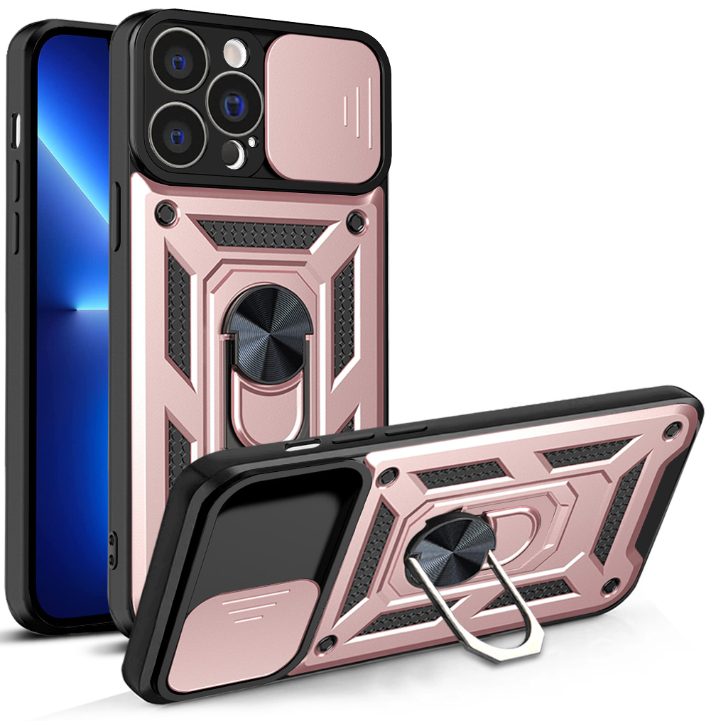 Hybrid Armor Camshield dėklas telefonui iPhone 13 Pro Max šarvuotas dėklas su kameros dangteliu rožinis