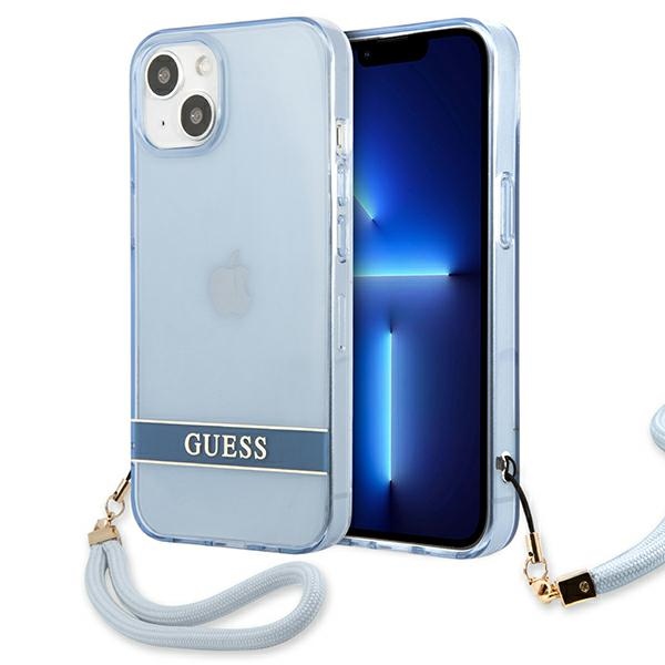 Guess GUHCP13SHTSGSB iPhone 13 mini 5.4 dėklas telefonui, mėlynas, kietas, pusiau permatomas su dirželiu