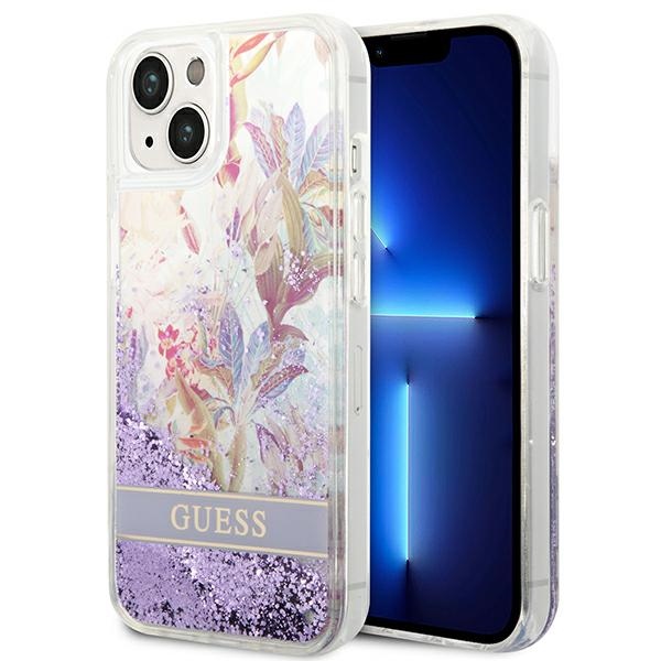 Guess GUHCP14MLFLSU iPhone 14 Plus 6.7 "violetinis/violetinis kietas dėklas Flower Liquid Glitter