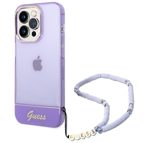Guess GUHCP14XHGCOHU iPhone 14 Pro Max 6.7" violetinis/violetinis kietas dėklas Translucent Pearl Strap