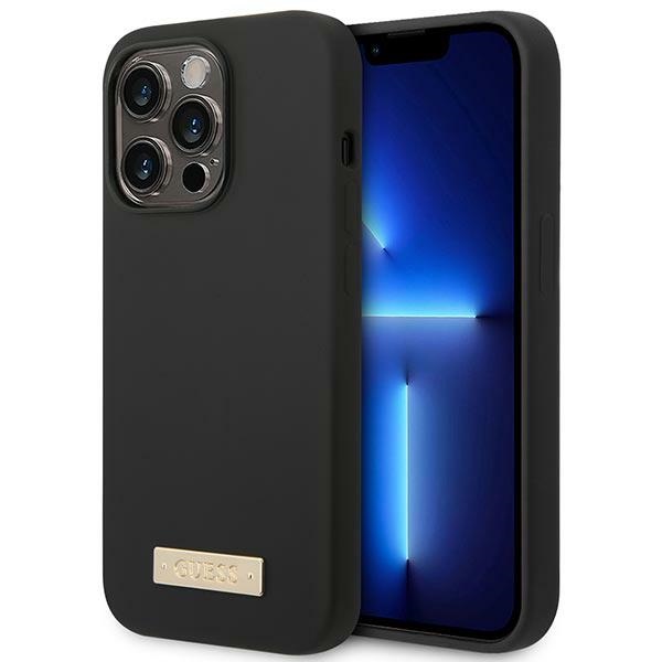 Guess GUHMP14XSBPLK iPhone 14 Pro Max 6.7" juodas/juodas kietas dėklas Silikoninė logotipo plokštelė Magnetinis