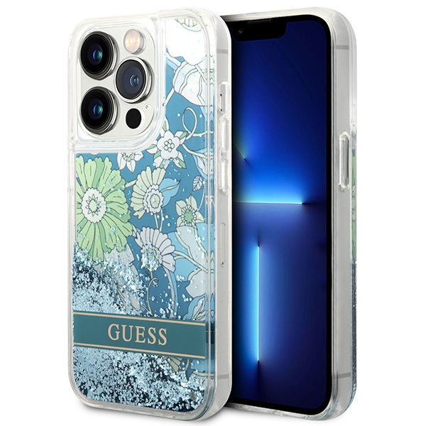 Guess Flower Liquid Glitter dėklas telefonui iPhone 14 Pro Max - žalias
