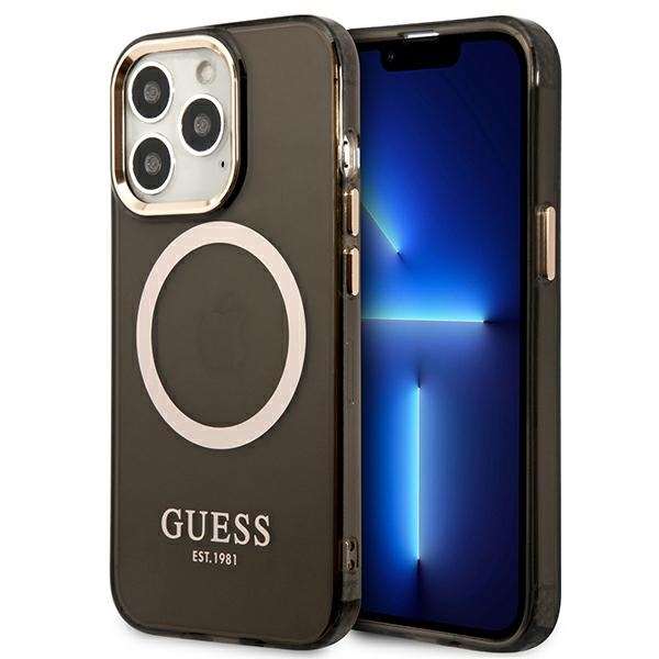 Guess Gold Outline permatomas Magnetinis MagSafe dėklas telefonui iPhone 13 Pro / iPhone 13 - juodas