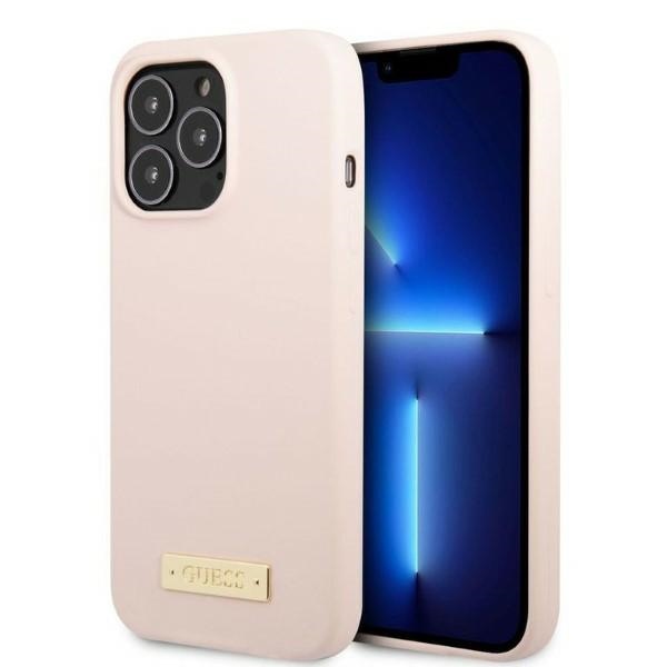 Guess GUHMP13LSPLP iPhone 13 Pro / 13 6.1" rožinis/rožinis kietas dėklas Silikoninis Logo Plate Magnetinis