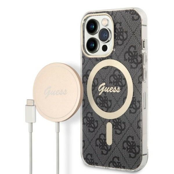 Rinkinys Guess GUBPP13LH4EACSK dėklas + įkroviklis iPhone 13 Pro juodas kietas dėklas su 4G raštu Magnetinis
