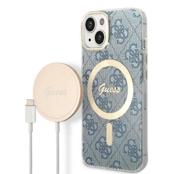 Rinkinys Guess GUBPP14MH4EACSB dėklas + įkroviklis iPhone 14 Plus 6.7" mėlynas/mėlynas kietas dėklas 4G Print Magnetinis