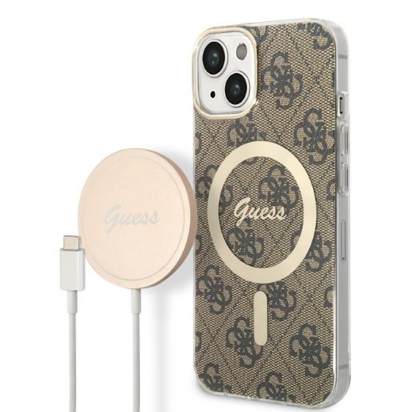 Rinkinys Guess GUBPP14MH4EACSW dėklas + įkroviklis iPhone 14 Plus 6.7" rudas/rudas kietas dėklas 4G Print Magnetinis
