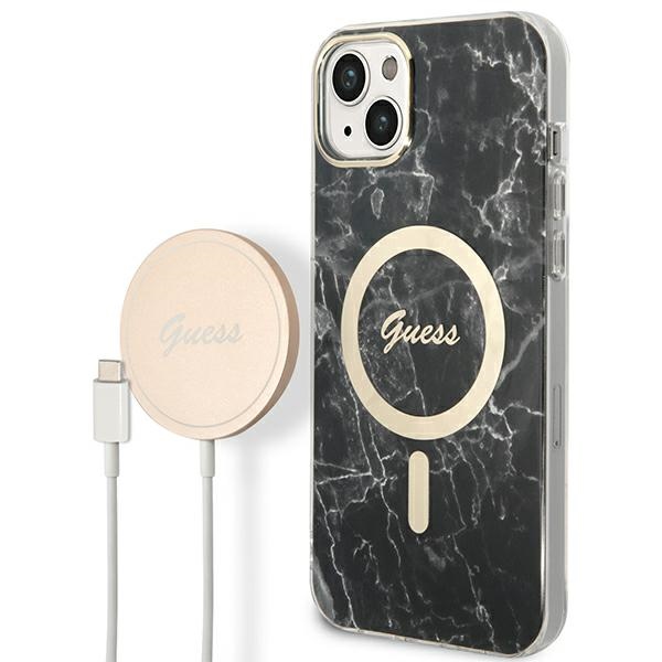 Rinkinys Guess GUBPP14SHMEACSK dėklas + įkroviklis iPhone 14 6.1" juodas/kietas dėklas Marmuras Magnetinis