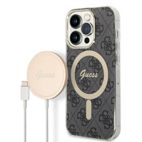 Rinkinys Guess GUBPP14XH4EACSK dėklas + įkroviklis iPhone 14 Pro Max 6.7" juodas/kietas dėklas 4G Spausdinimas Magnetinis