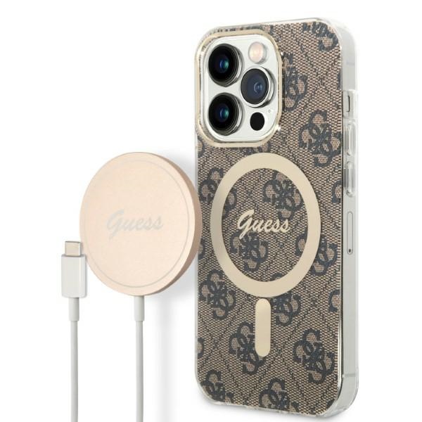 Rinkinys Guess GUBPP14XH4EACSW dėklas + įkroviklis iPhone 14 Pro Max 6.7" rudas/kietas dėklas 4G Spausdinimas Magnetinis