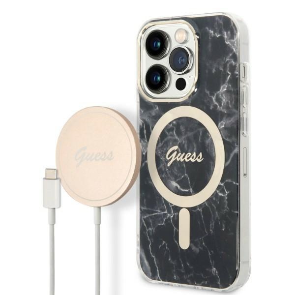Rinkinys Guess GUBPP14XHMEACSK dėklas + įkroviklis iPhone 14 Pro Max 6.7" juodas/kietas dėklas Marmuras Magnetinis
