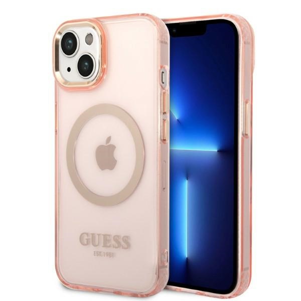 Guess GUHMP14SHTCMP iPhone 14 6.1" rožinis kietas dėklas su auksiniu kontūru, permatomas, magnetinis (MagSafe)