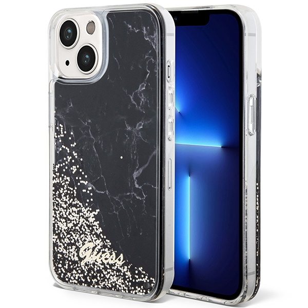Guess Liquid Glitter Marble dėklas telefonui iPhone 14 - juodas